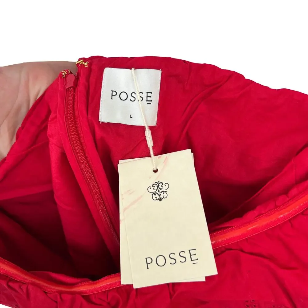 NWT POSSE Beryl Strapless Mini Dress Pockets Ruby Red Cotton Eyelet Lined L - Picture 8 of 13